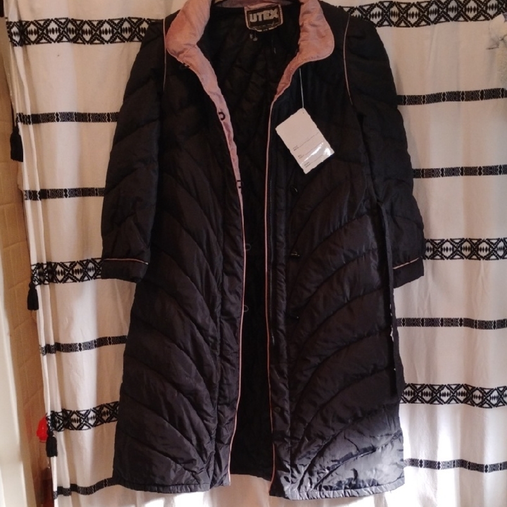 Utex Women's Long Black Puffer Coat with Pink Trim